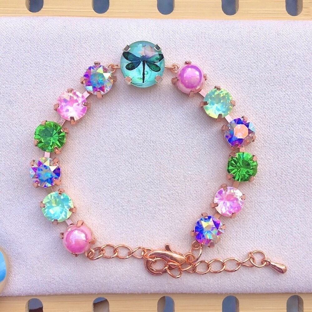 Pink Opal Aurora Borealis + Peridot Dragonfly Charm Crystal Tennis Bracelet - Picture 9 of 16
